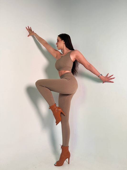 Brown high heel dance shoe with an 11 cm heel, rubber sole, and smooth leather finish—crafted for elegant, grounded performance